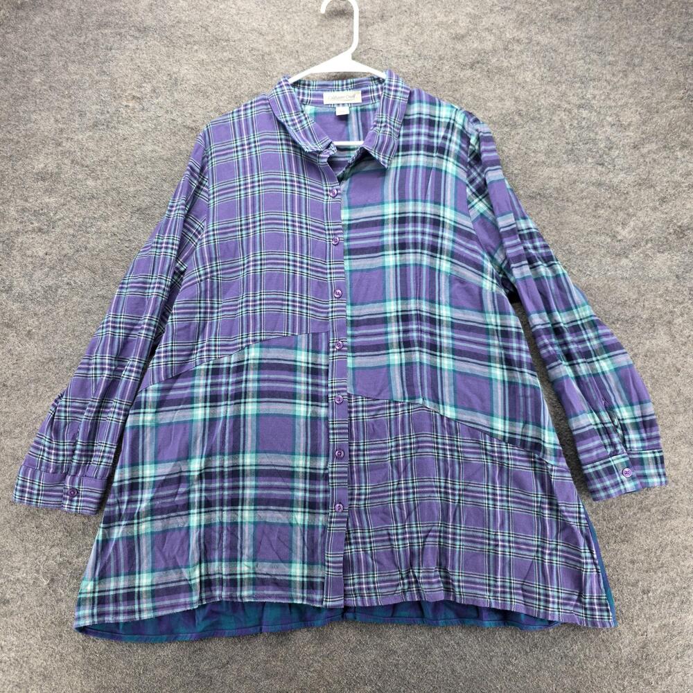 Coldwater Creek Button-Up Tunic Womens PXL Purple Plaid Long Sleeve Relaxed Fit